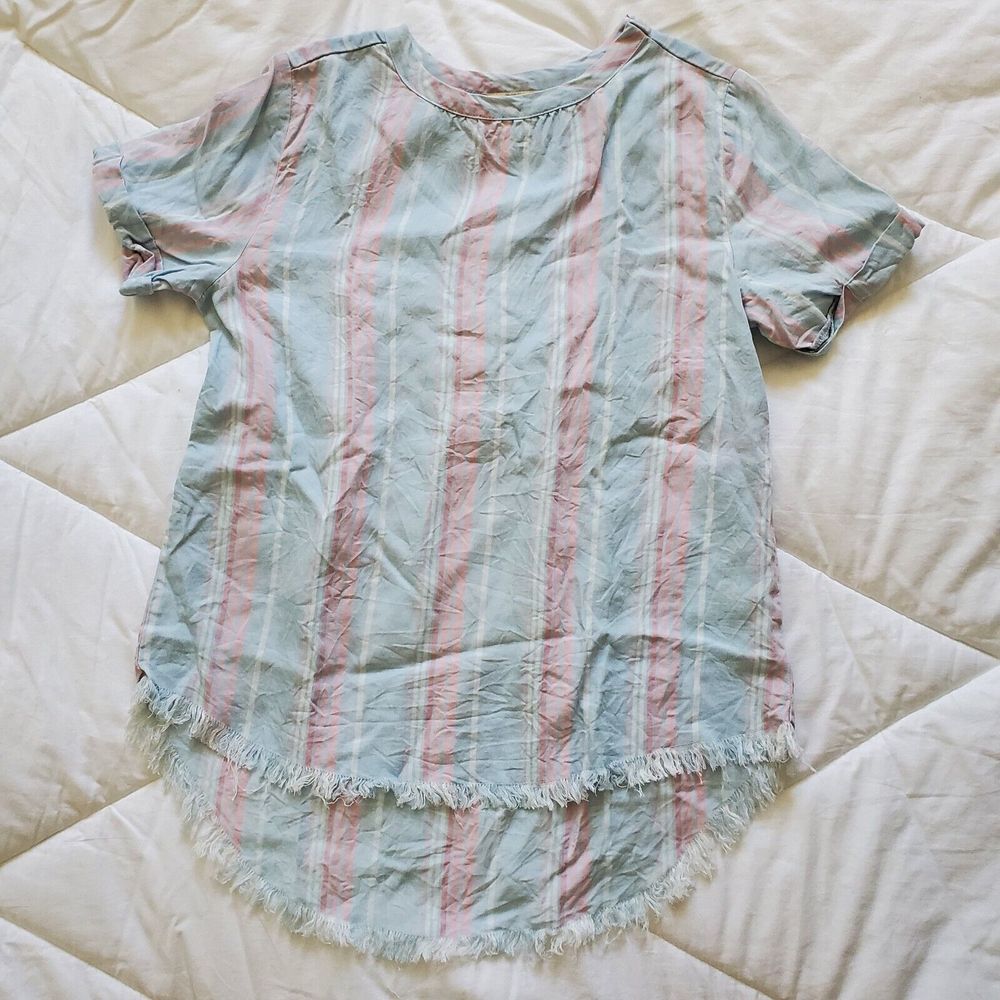 Telluride Clothing Company Feminine Striped Lyocel Blouse Frayed Edge Sz Small